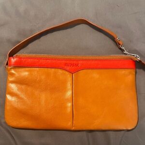 Rudsak‎ leather clutch, brown with orange trim, nwt, rare